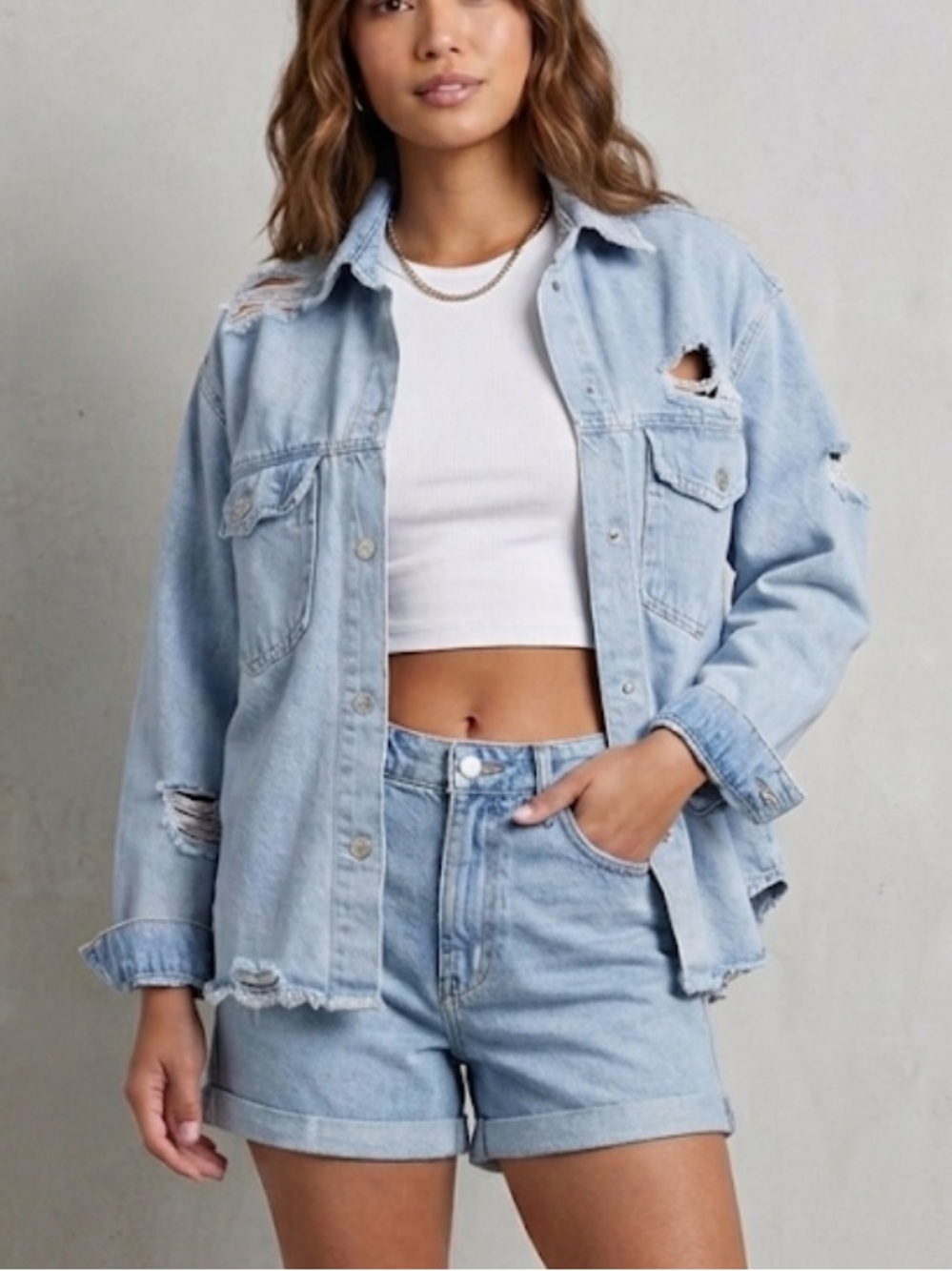 Vervet Destroyed  Denim Shirt Jacket Oversized Light Wash Festival Small
